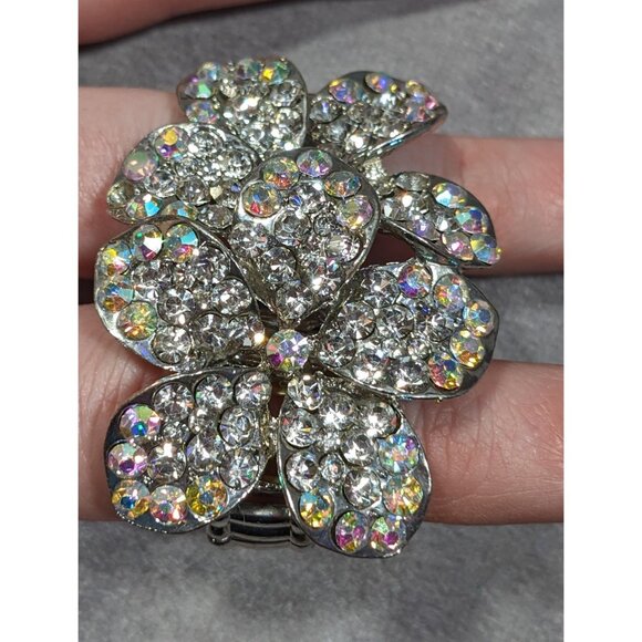 Fairycore Aurora Borealis Floral Double Finger Silver Tone Stretch Ring - Picture 5 of 6